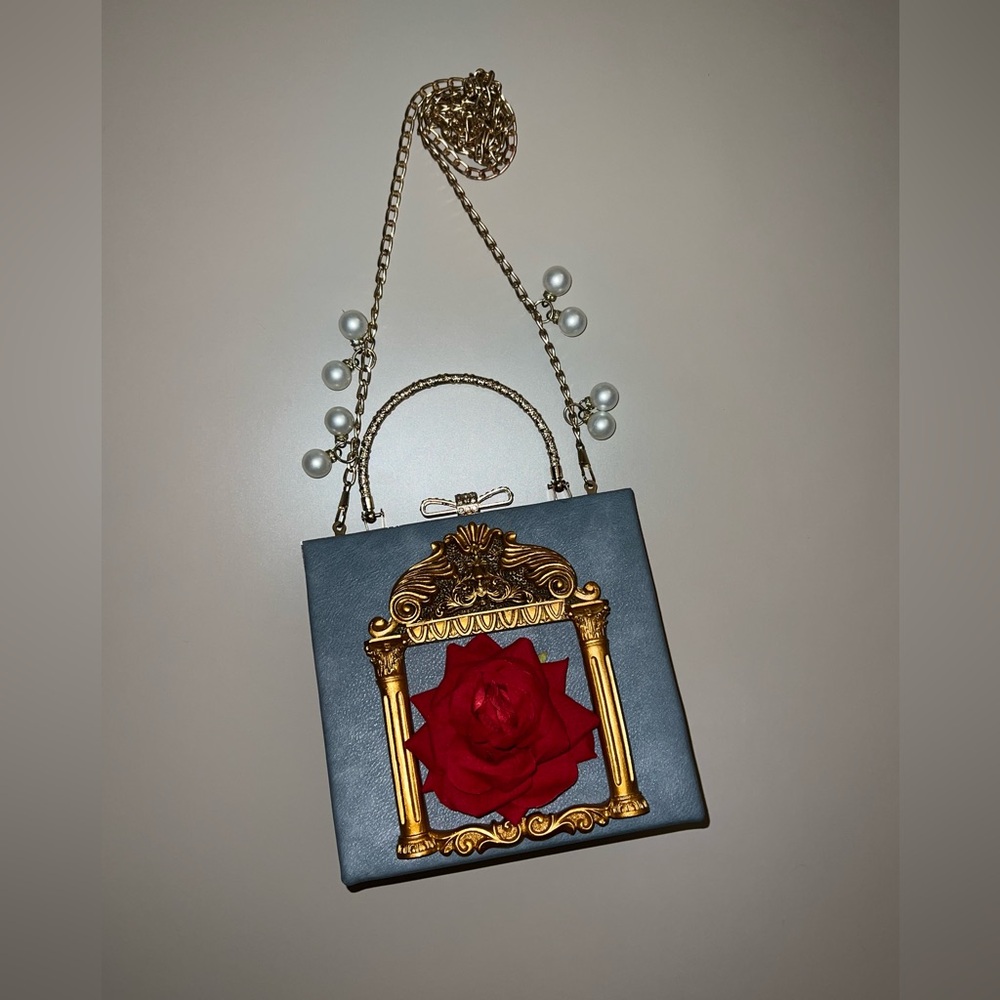 VintageRose Mini Handbag Gold X Body ChainLink Strap w Decorative Pearls SkyBlue